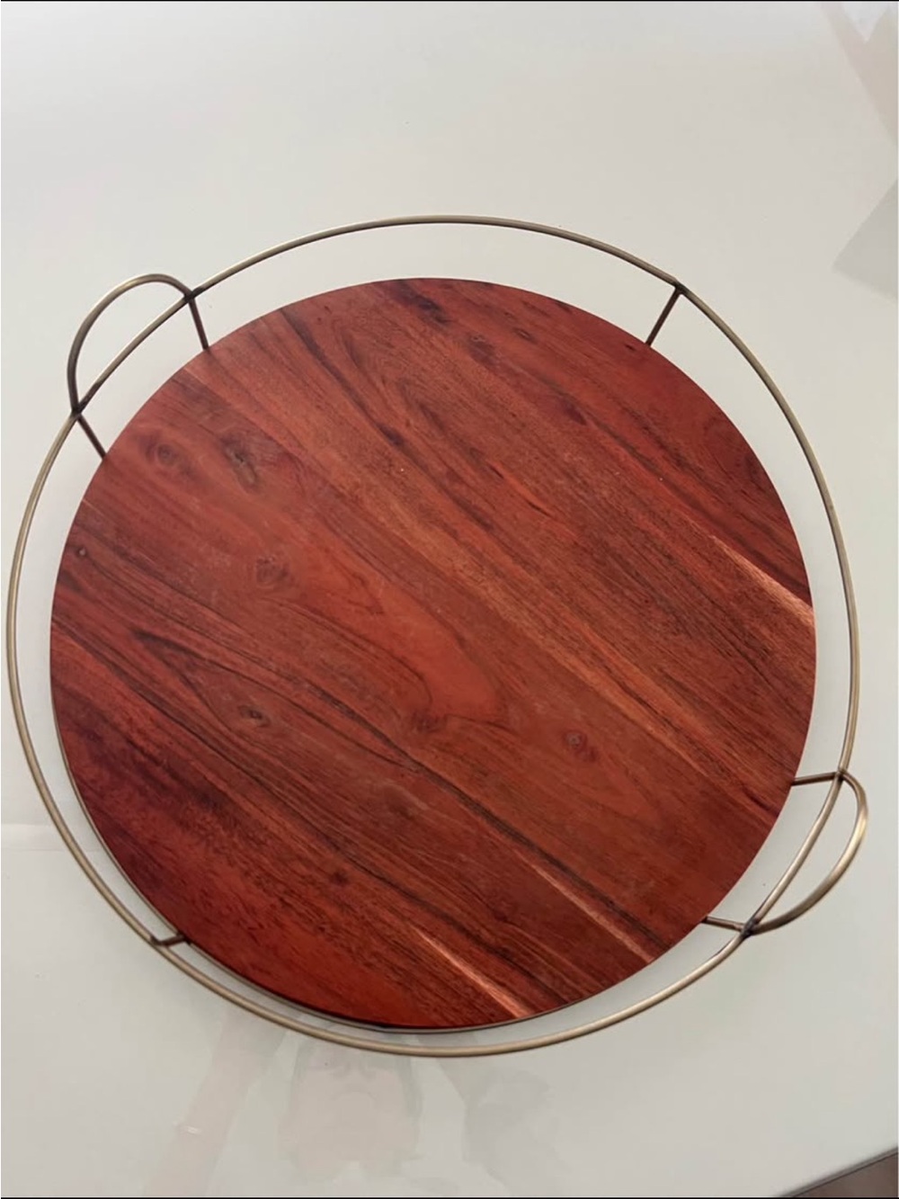 Hearth & Hand Round Wooden Serving Tray with Gold Metal Rim - Brown Wood